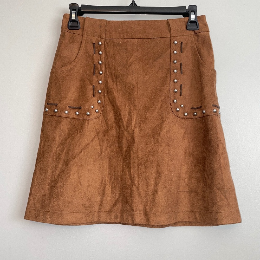 EUC BB Dakota Faux Suede Studded Leather Ribbon Southwestern A-line Skirt Size 0